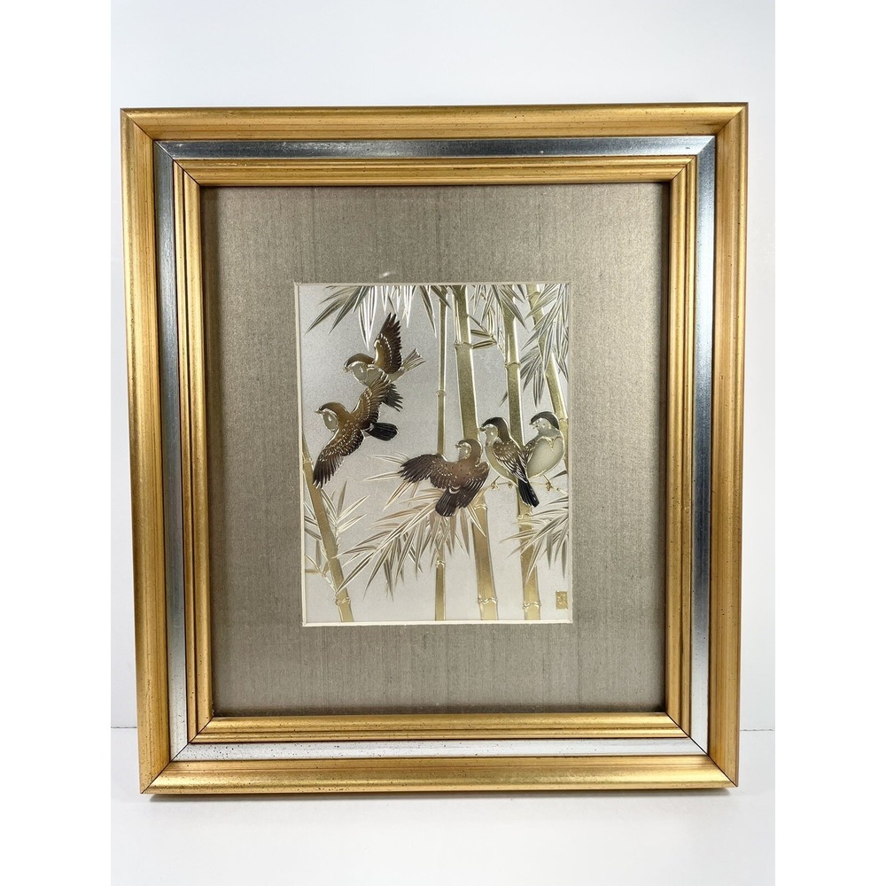 Vintage Chokin Art By Toshiba Hara - Japanese Artist Bird & Bamboo Trees Etching